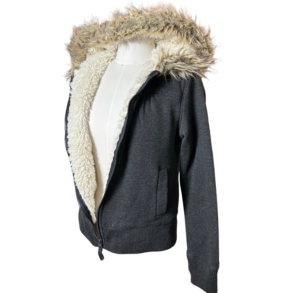 OP Y2K VTG Womens Gray Sherpa Lined Faux Fur Trim Hood Zip Up Hoodie Jacket M